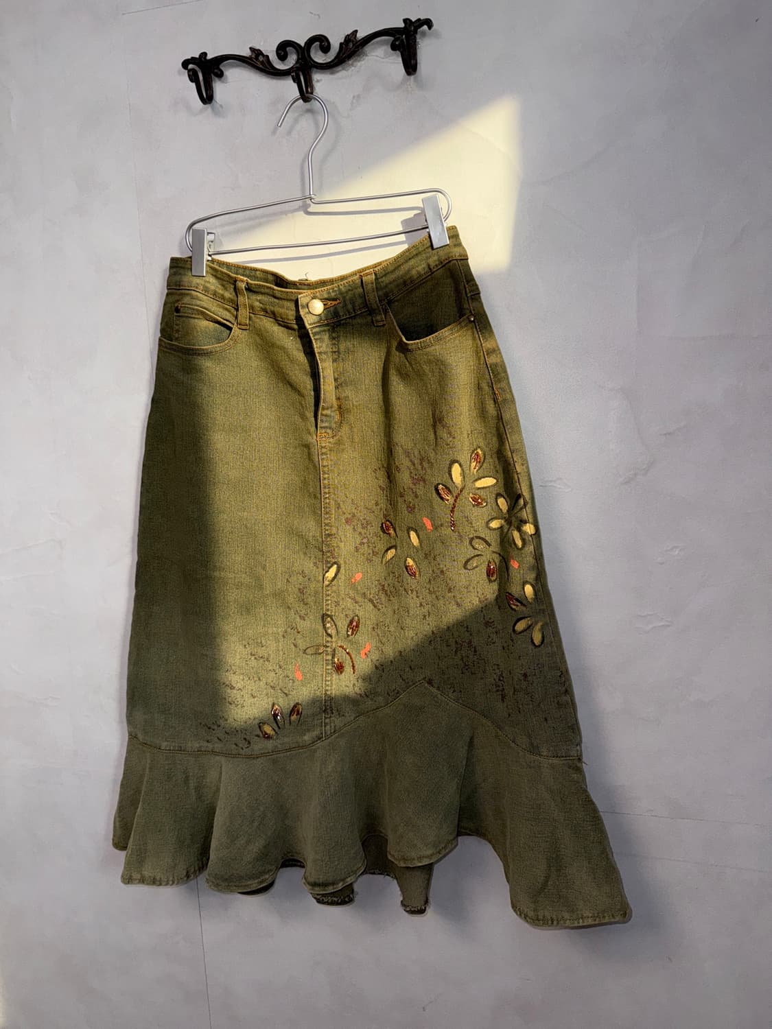 Washing khaki denim oriental beads skirt 상품이미지3