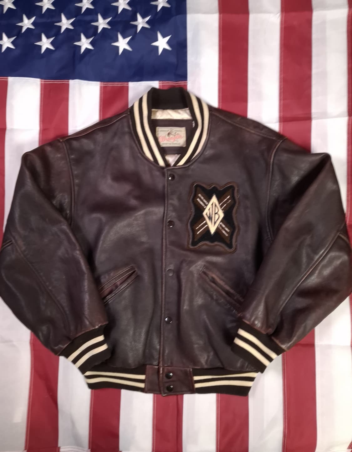 90's 오리지날 일본판 랭글러 리얼레더 바시티자켓 상품이미지1