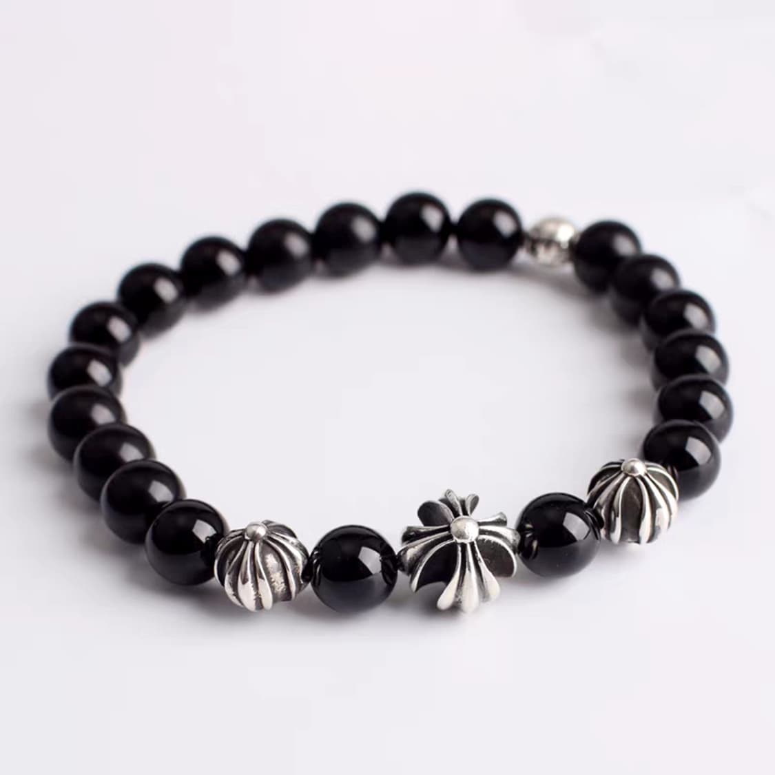 Oceanora S925 크로스 & 비드 팔찌 블랙 오브시디언 상품이미지1