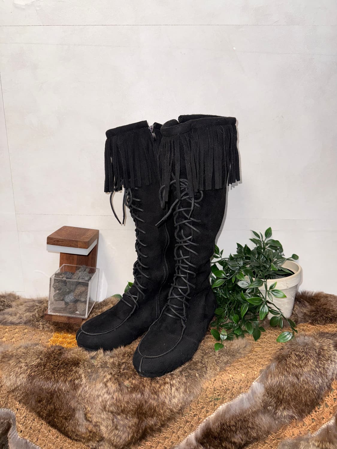 Black western suede fringe laceup boots 상품이미지1