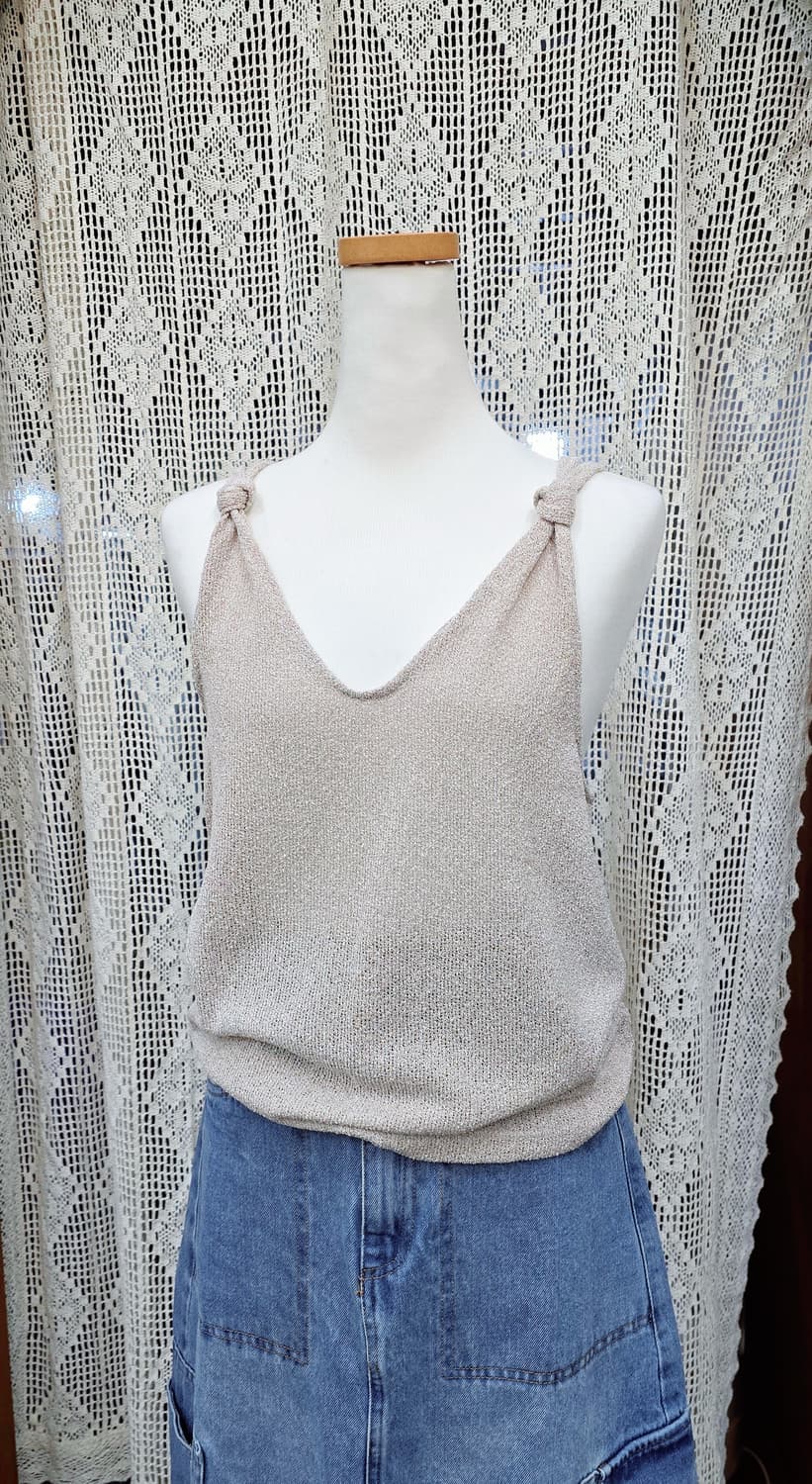 M (상태최상) MNG 망고 린넨 니트 나시 베이지 브이넥 상품이미지3