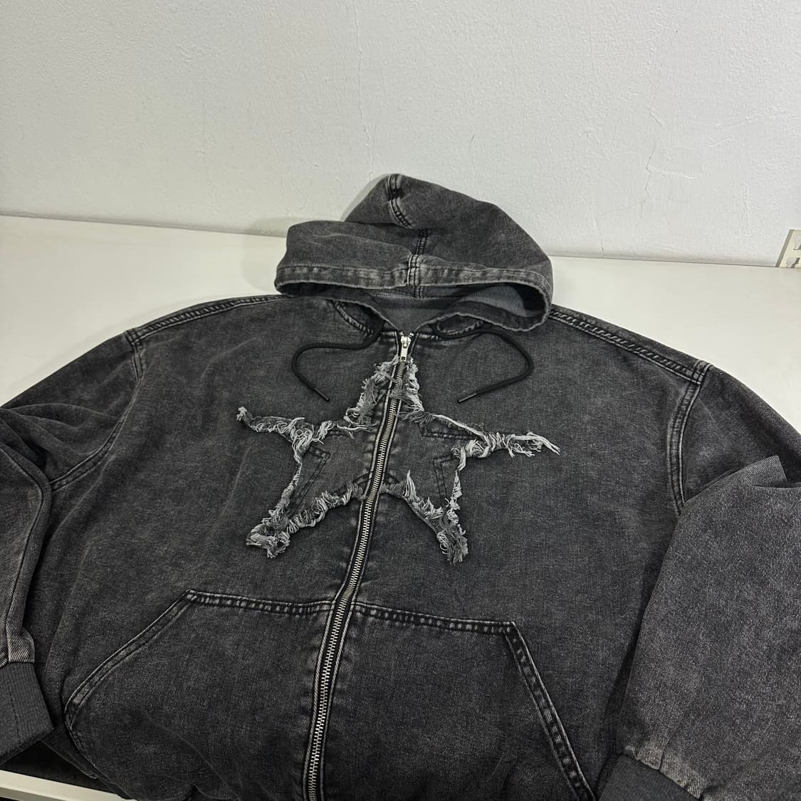 FREE ROMWE 흑청 스타 워싱 데님 후드집업 상품이미지2