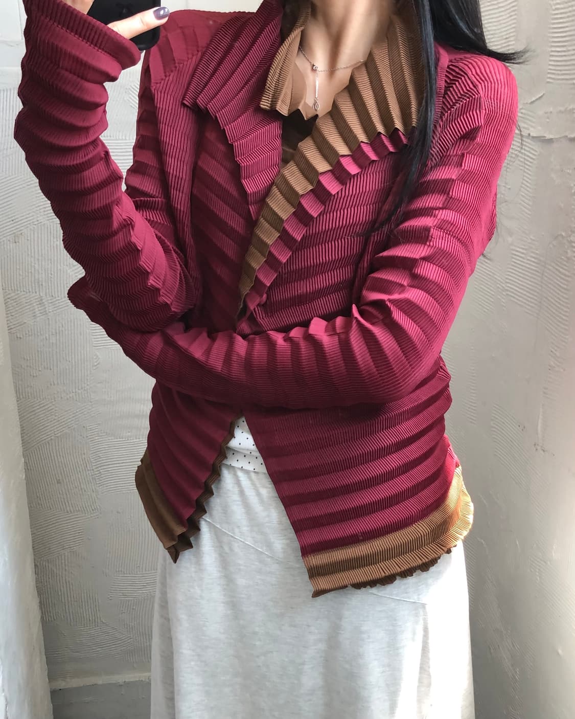 Issey Miyake 이세이미야케 레드 브라운 플리츠 레이어드 가디건 상품이미지1