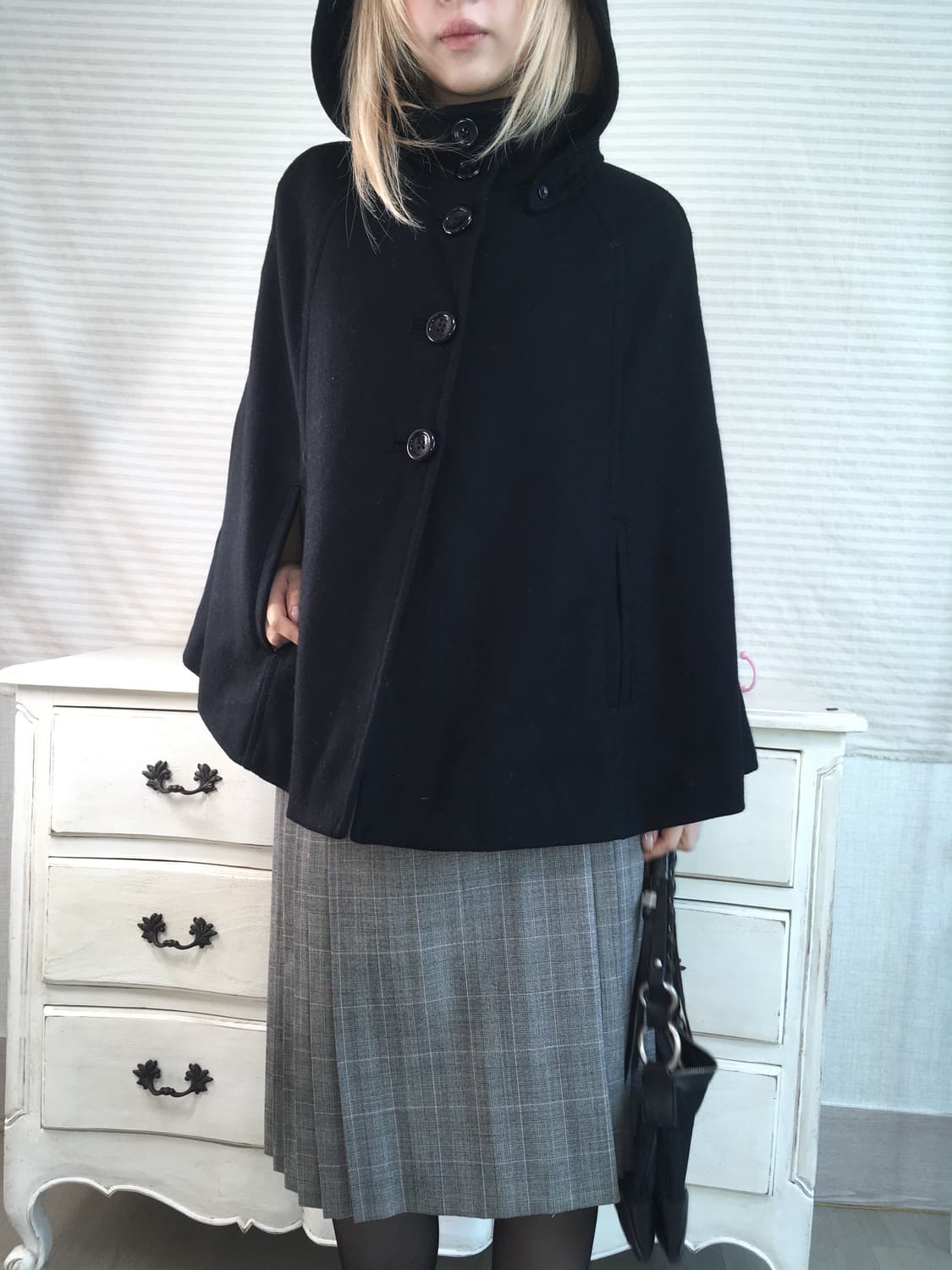 일본빈티지 블랙 케이프 울 후드 코트 상품이미지5