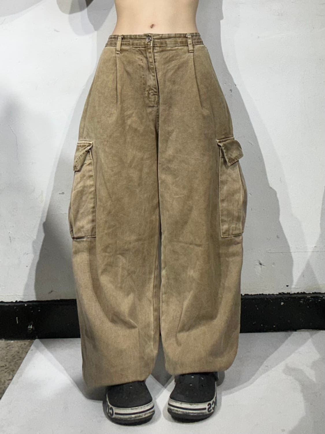 빈티지 베이지 워싱 벌룬핏 와이드 카고 바지 데님 팬츠  상품이미지2