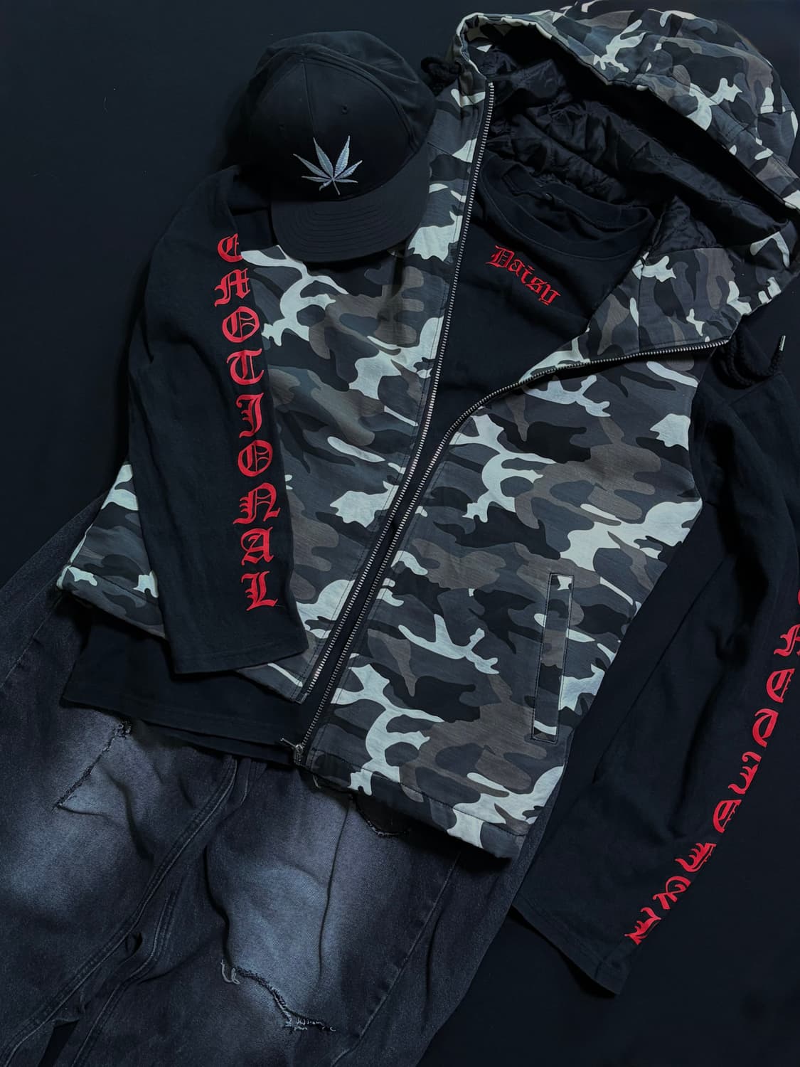 4set)카모 퀼팅 조끼/레터링 롱슬/스냅백 모자/흑청 세트 상품이미지1