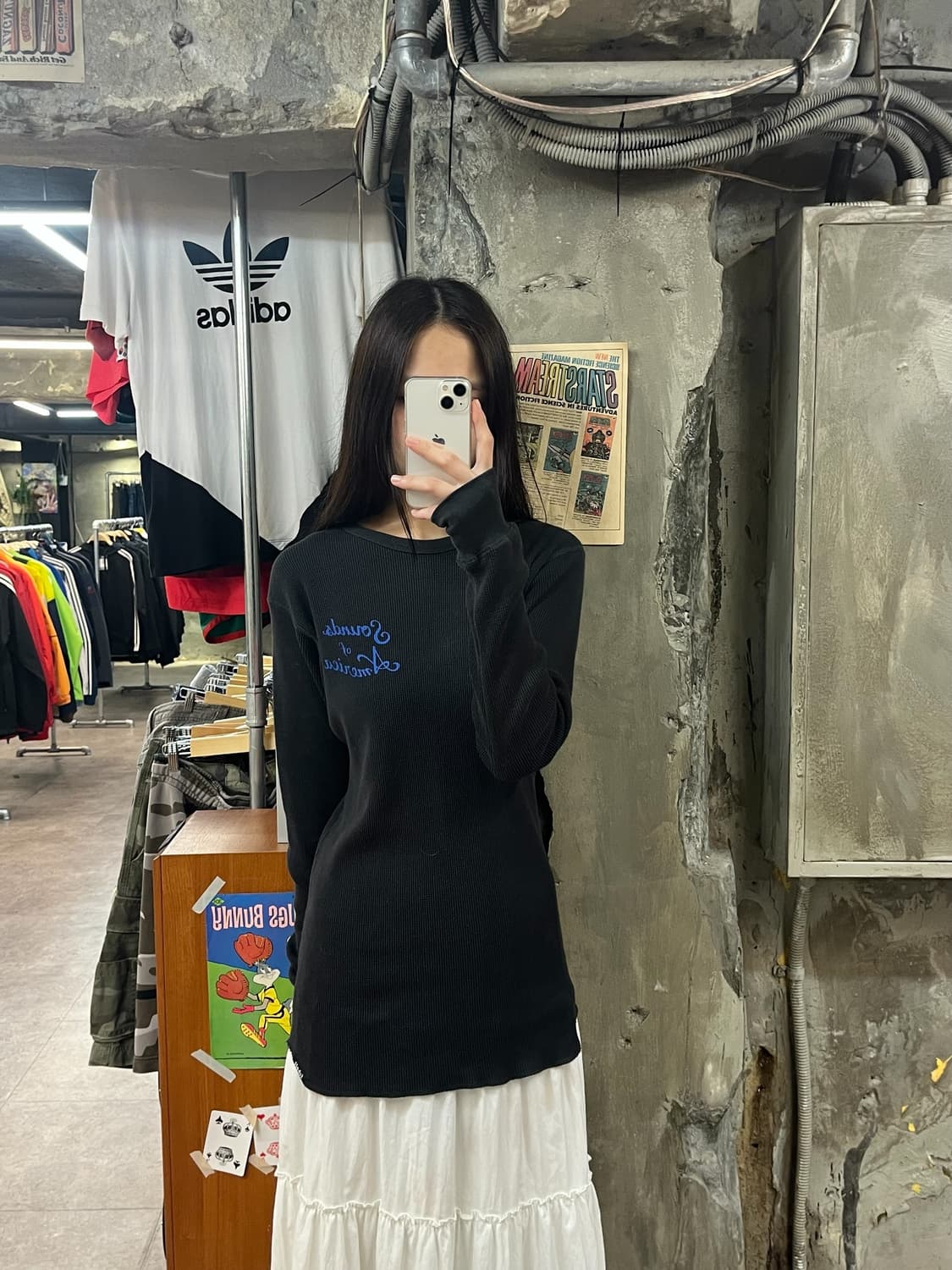 쇼트 프린팅 와플 긴팔티 블랙 #csz1168 상품이미지2