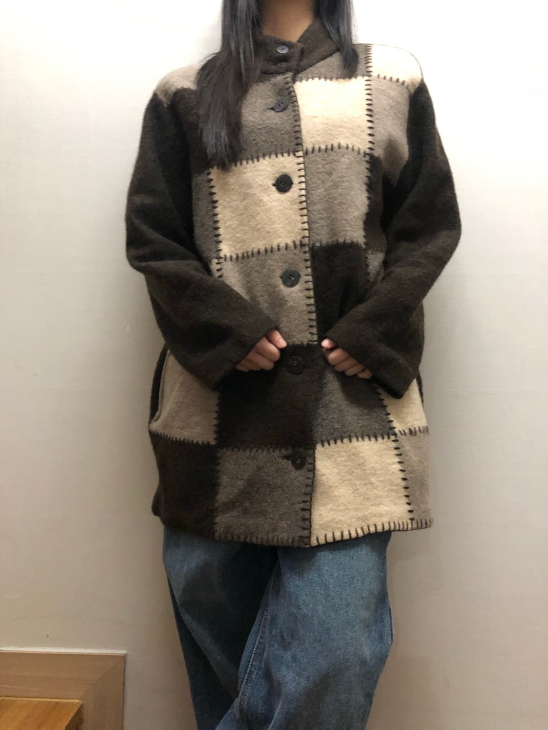 빈티지 브라운 울 패치워크 하프 코트 상품이미지6