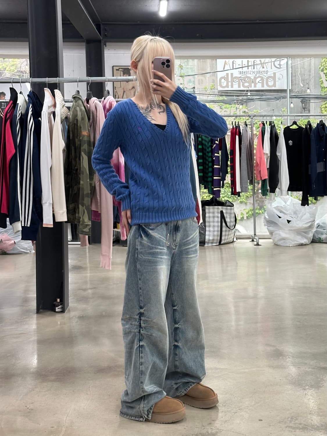 폴로 랄프로렌 브이넥 케이블 꽈배기 블루 니트 상품이미지3