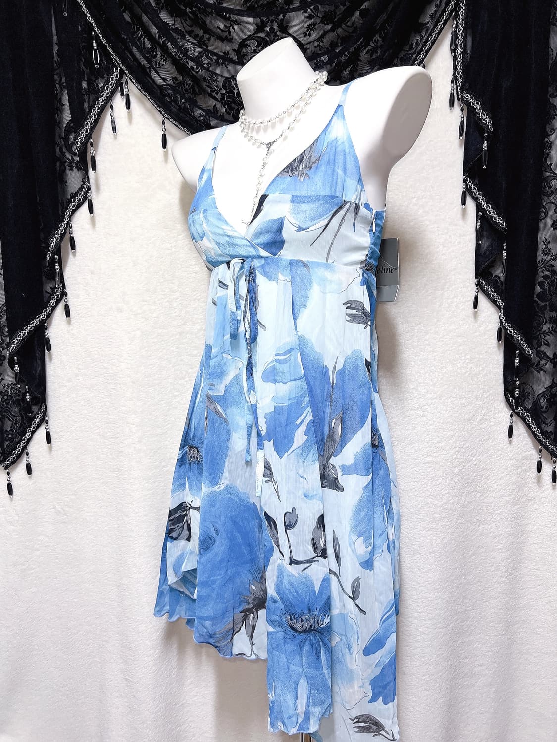 블루 오리엔탈 페어리 플라워 쉬폰 언발 미니원피스 하와이안 갸루 핀터 상품이미지4