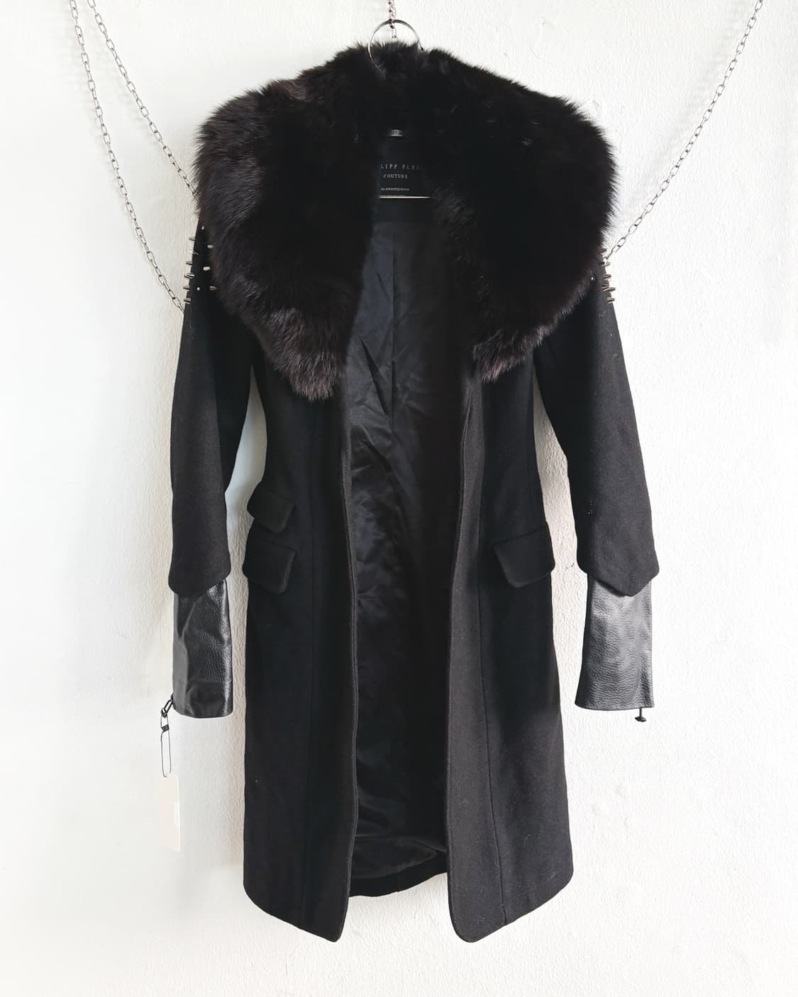 rare* 필립플레인 폭스퍼 칼라 레더슬리브 스터드 롱코트 상품이미지6