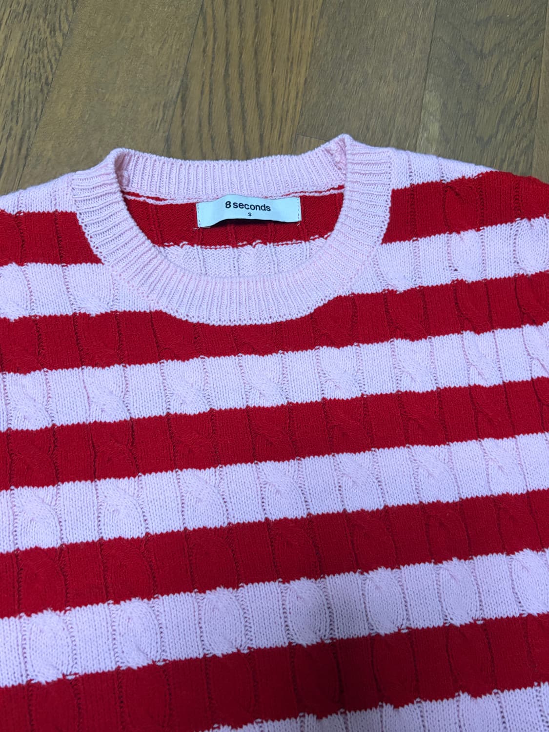 에잇세컨즈 스트라이프 반팔 니트 핑크 레드 상품이미지4
