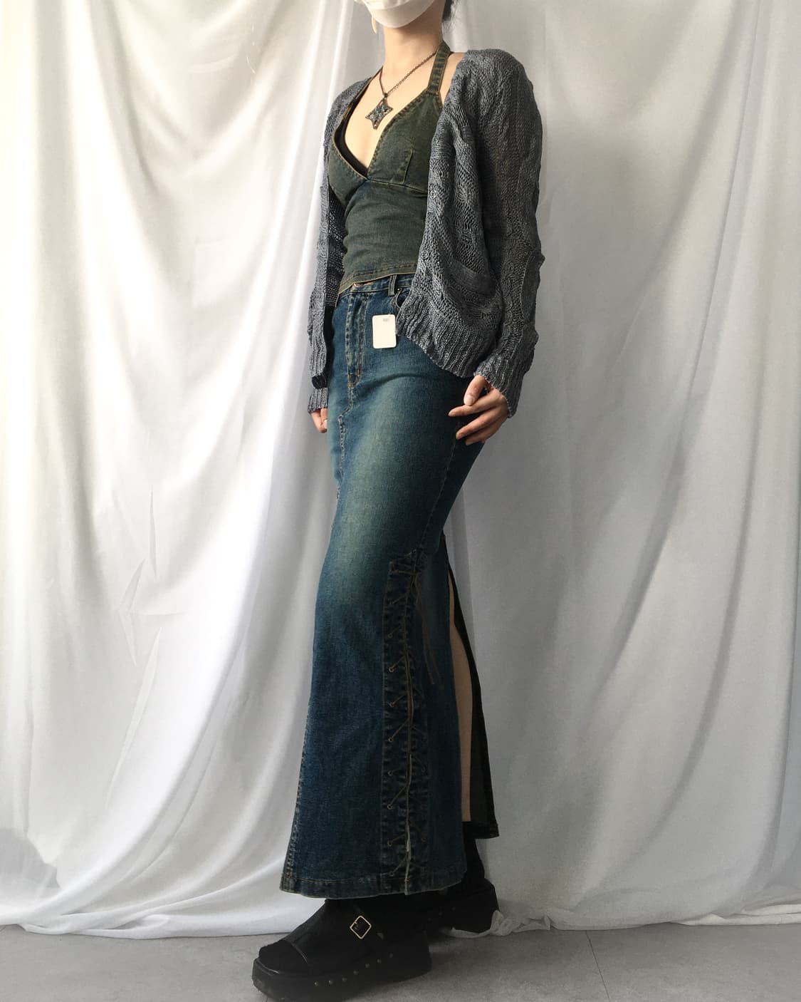 Side lace up point denim long skirt 상품이미지6