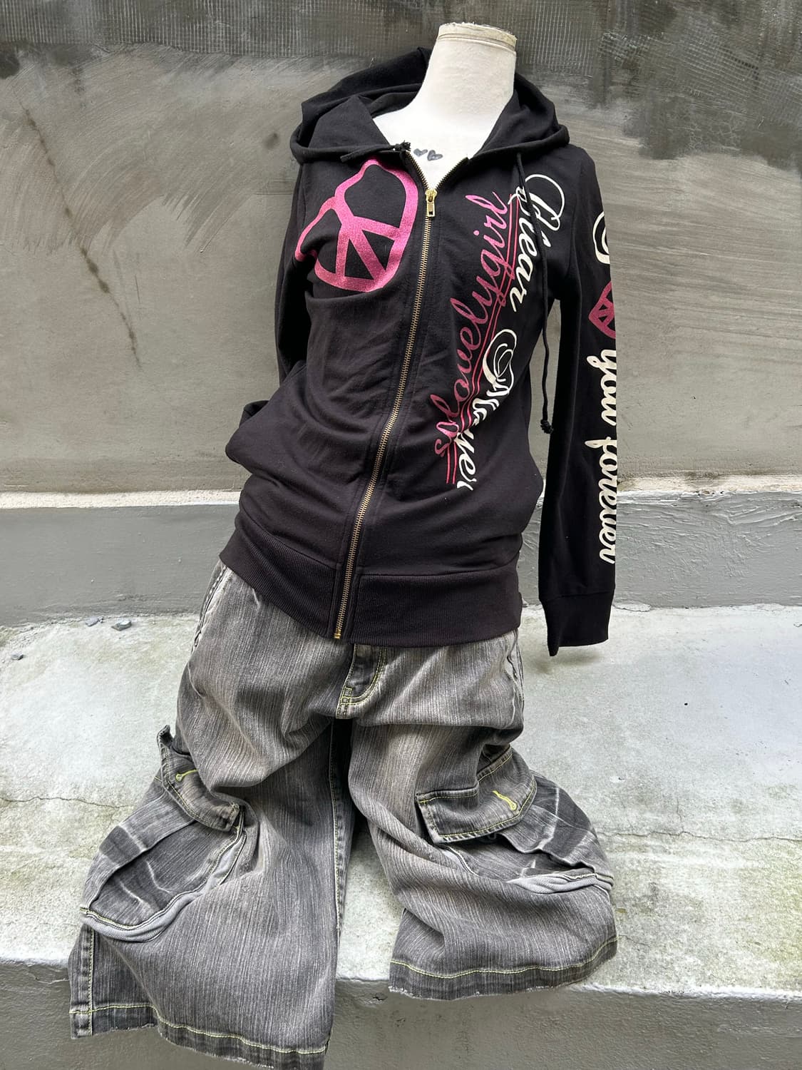 *rare* Jpn 00s y2k 글리터 레터링 프린팅 후드집업 상품이미지1