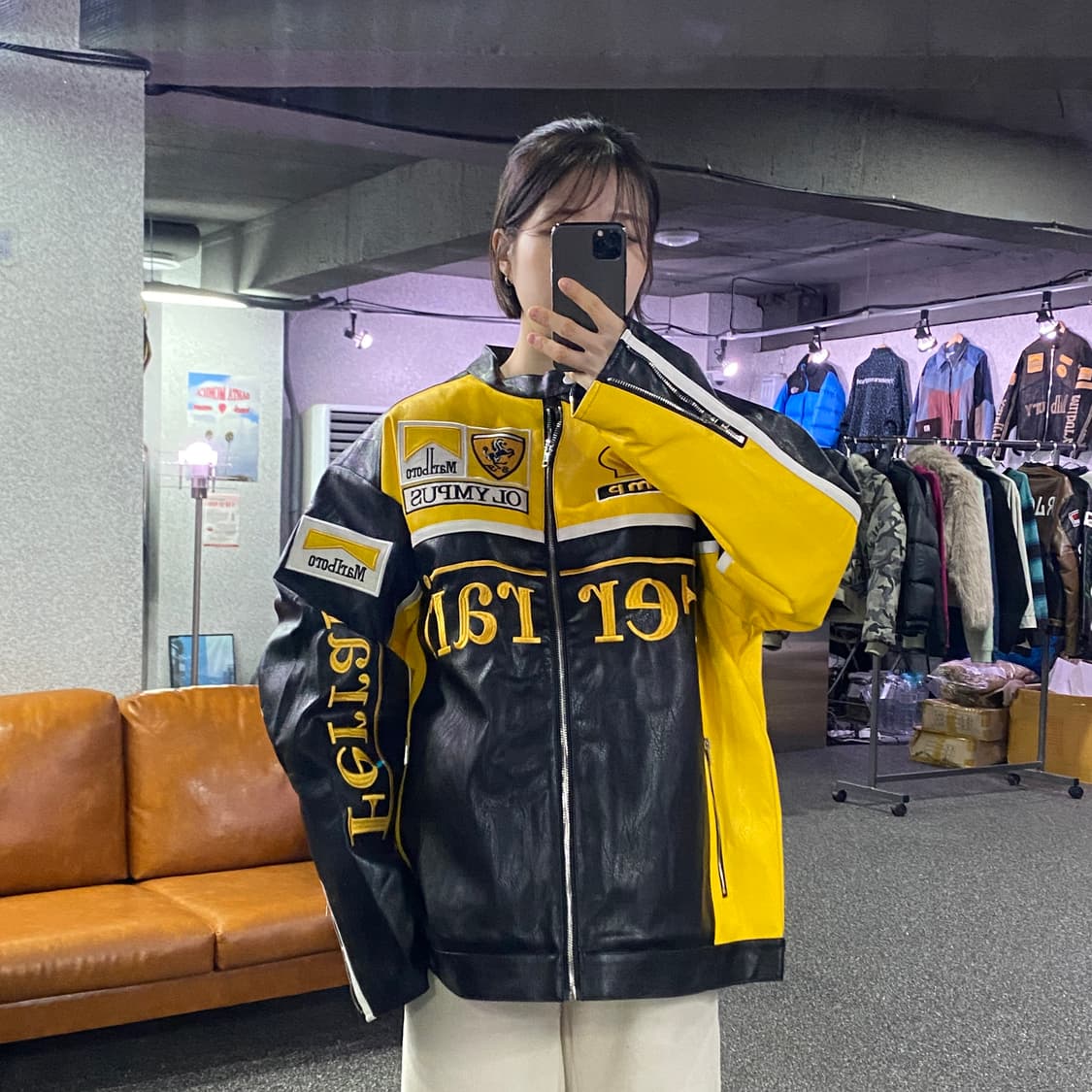 페라리 말보로 패치워크 옐로우 배색 레더 레이싱 자켓 B3719 상품이미지1