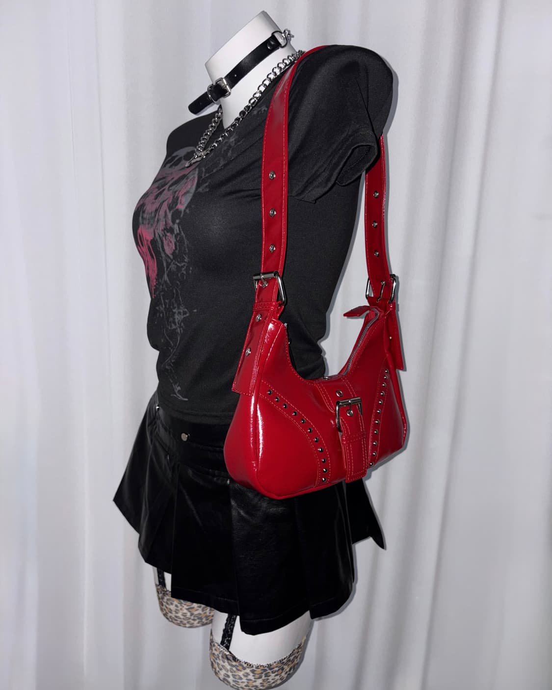 레드 펑크 갸루 빈티지 스트릿 레더 스터드 미니 숄더백 상품이미지2