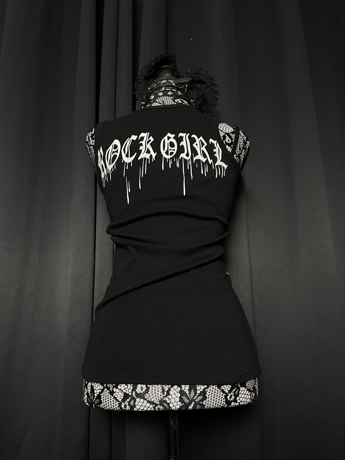 JPN 펑크 해골 날개 큐빅 블랙 나시 슬리브리스 상품이미지4