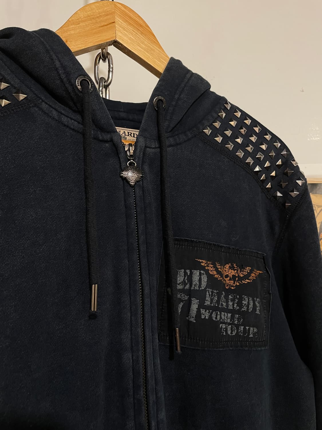 ed hardy 71 월드투어 스터드 패치워크 워싱 네이비 후드집업 상품이미지2