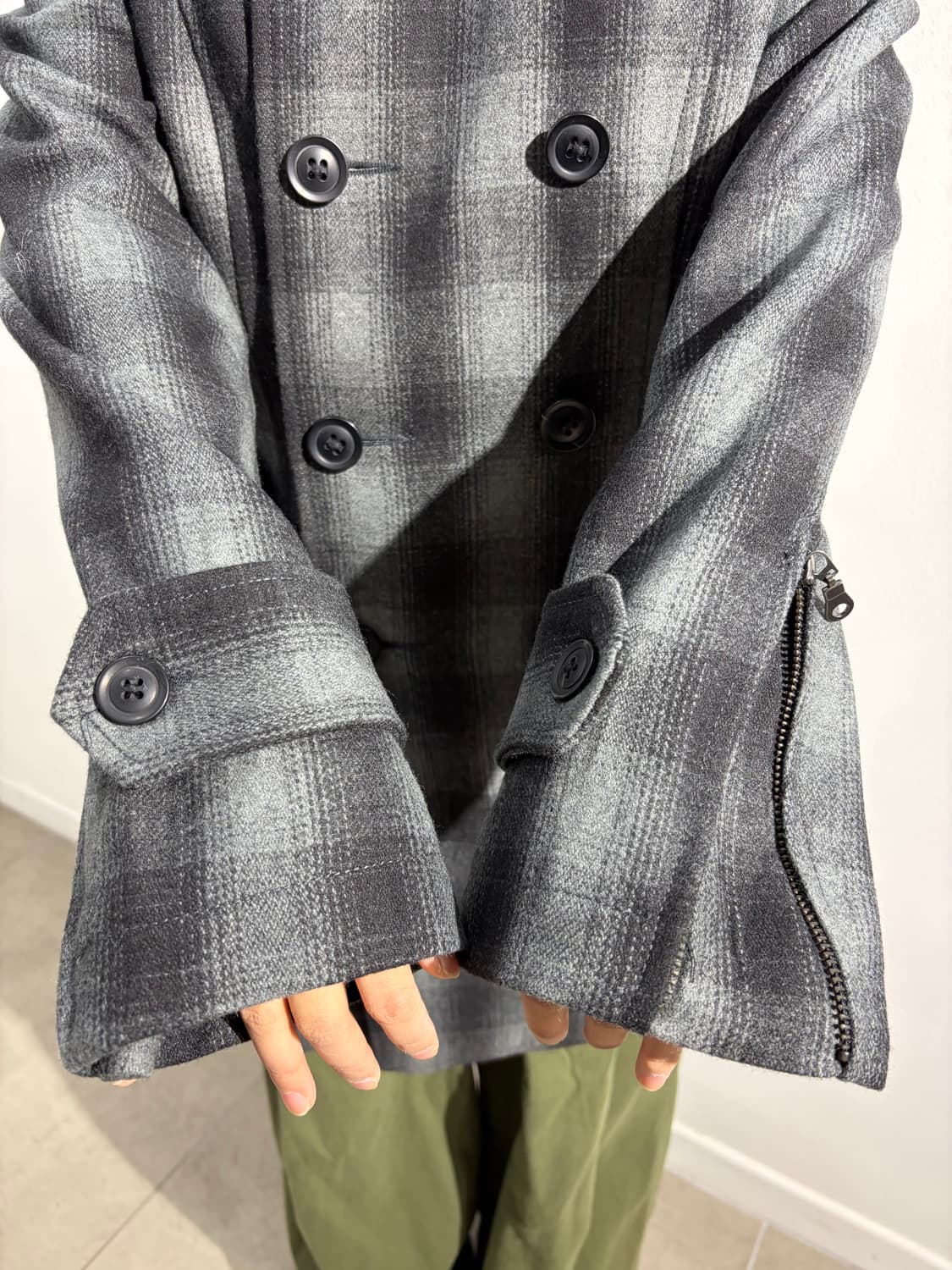 일본빈티지 Roshell 카라 퍼 차콜 체크 미디코트 상품이미지3