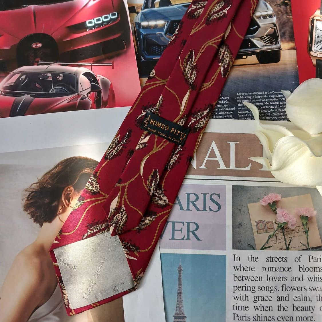 로메오 피티 실크 버건디 리프 패턴 넥타이 9.3cm A등급 A18936 상품이미지4