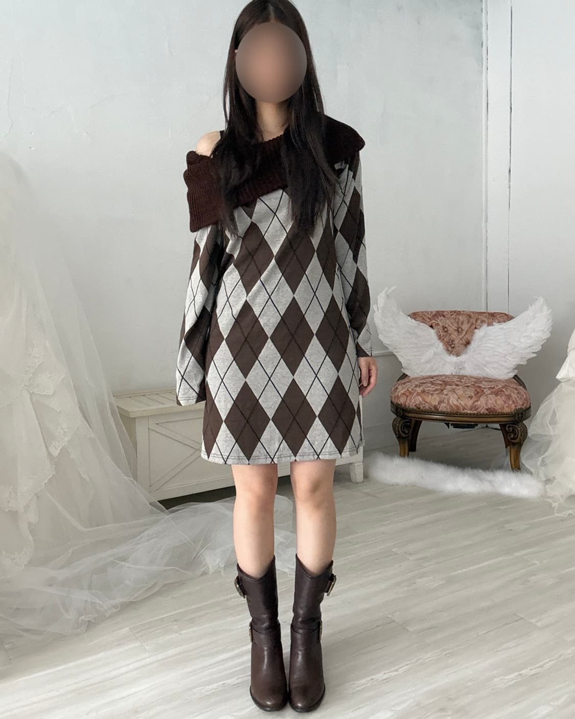 Brown argyle off-shoulder dress  상품이미지4