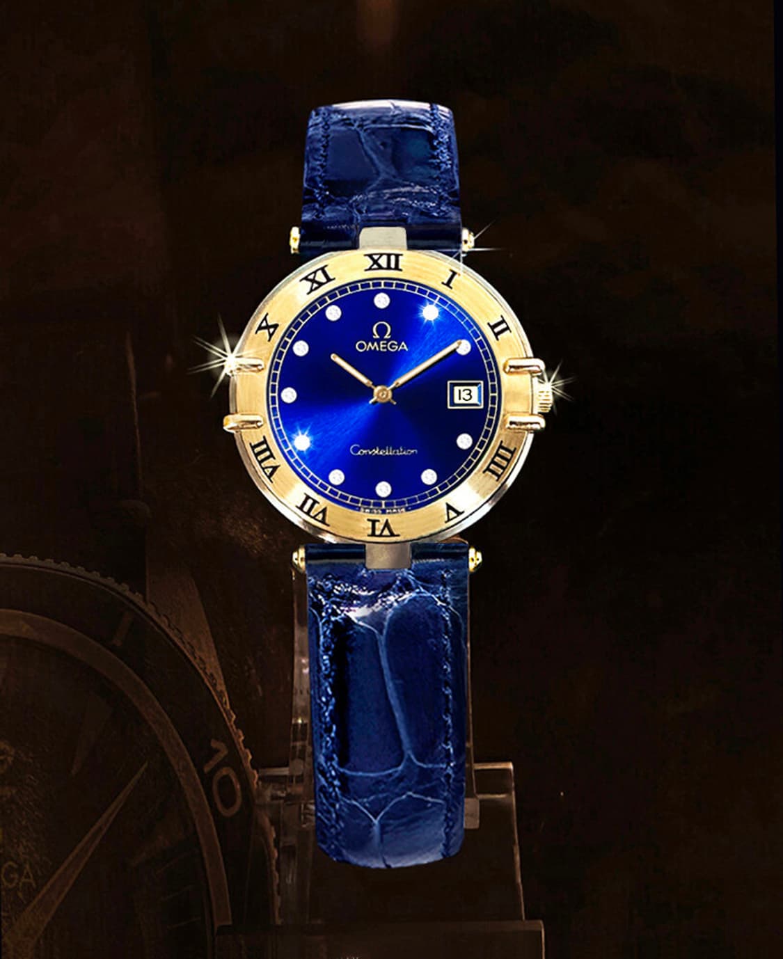 오메가 컨스틸레이션 블루 선레이 11P 다이아몬드 남녀공용 악어 가죽시계 상품이미지10