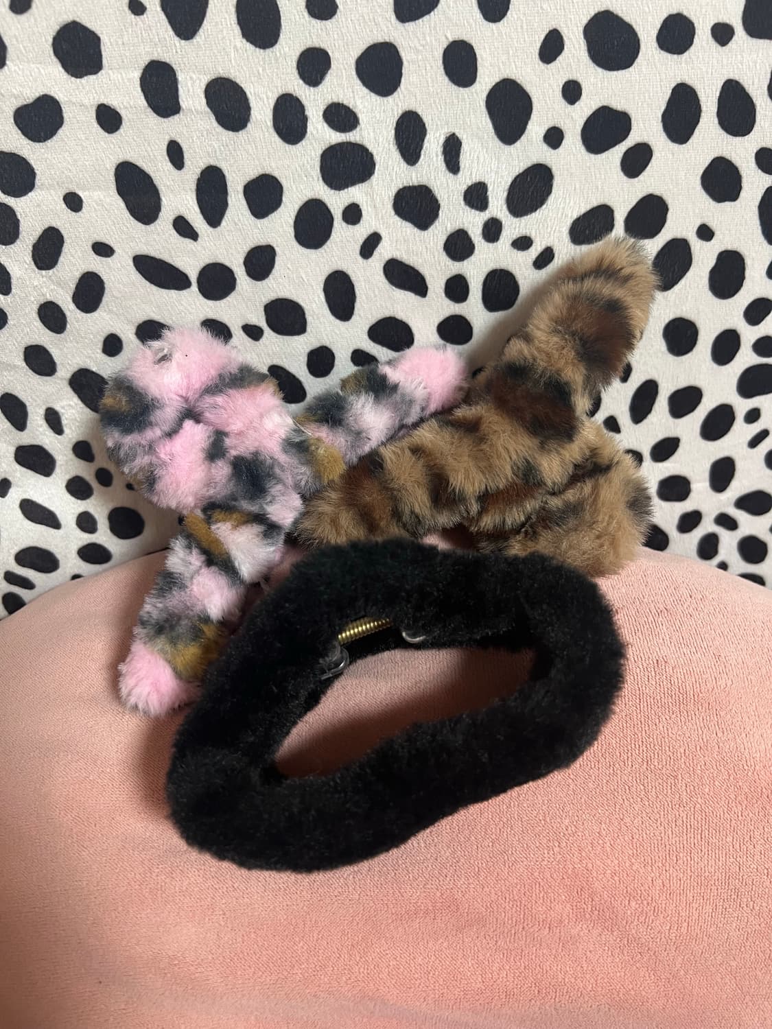 갸루 호피 핑크브라운 퍼 헤어집게핀 일괄 택포 상품이미지1