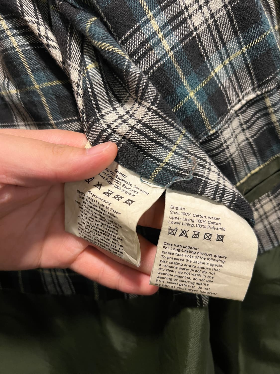 [L]90's Made in England 체크라이닝 올리브그린 왁스자켓 상품이미지7