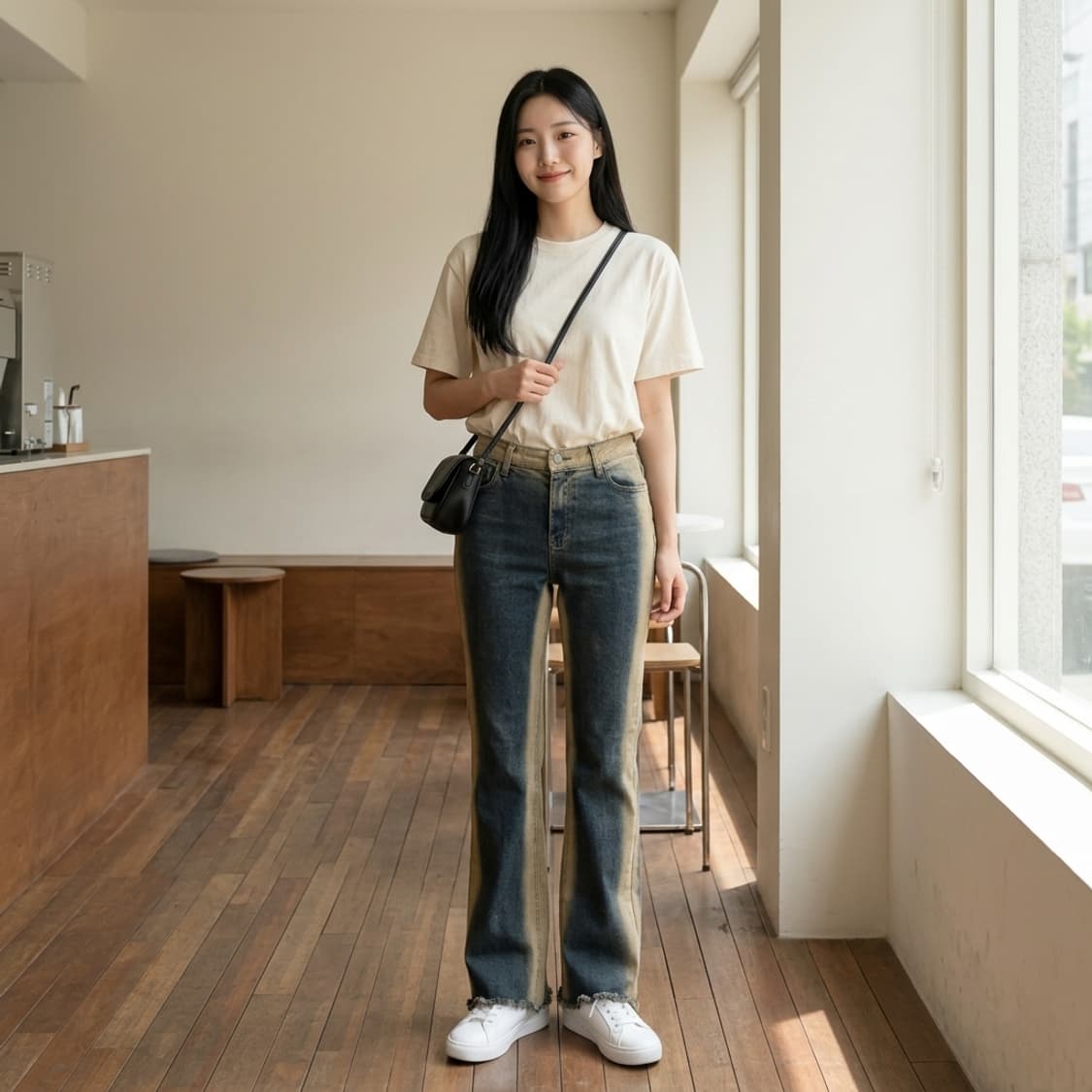 블랙업(BLACKUP) 투톤 사이드 워싱 컷팅 부츠컷 데님 팬츠 상품이미지1