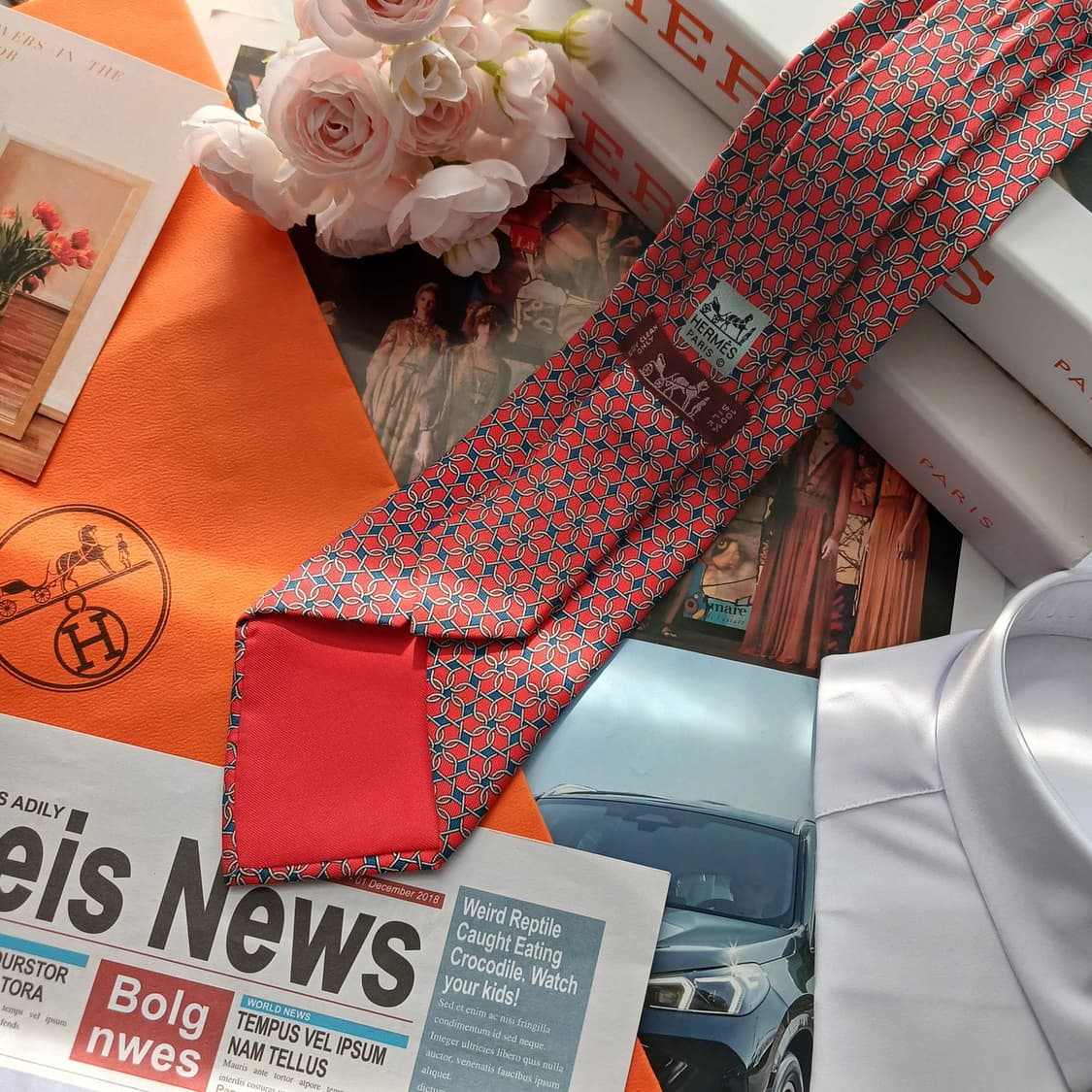 에르메스 실크 레드 체인 패턴 넥타이 9.8cm B등급 A18686
 상품이미지2