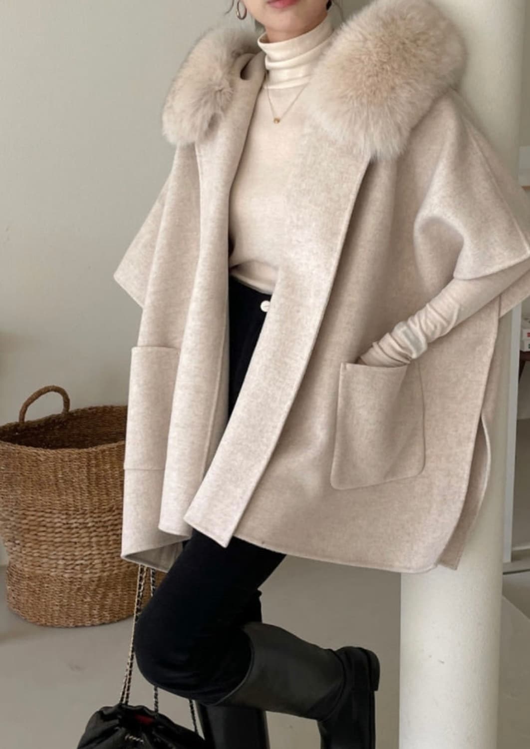 사가폭스 퍼 후드 케이프 코트 판초 상품이미지3