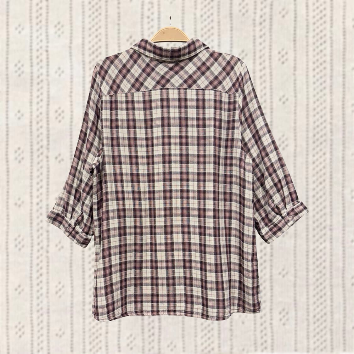 일본 빈티지 모리 너드 핑크 베이지 7부 레이어드 체크 셔츠 블라우스 상품이미지2