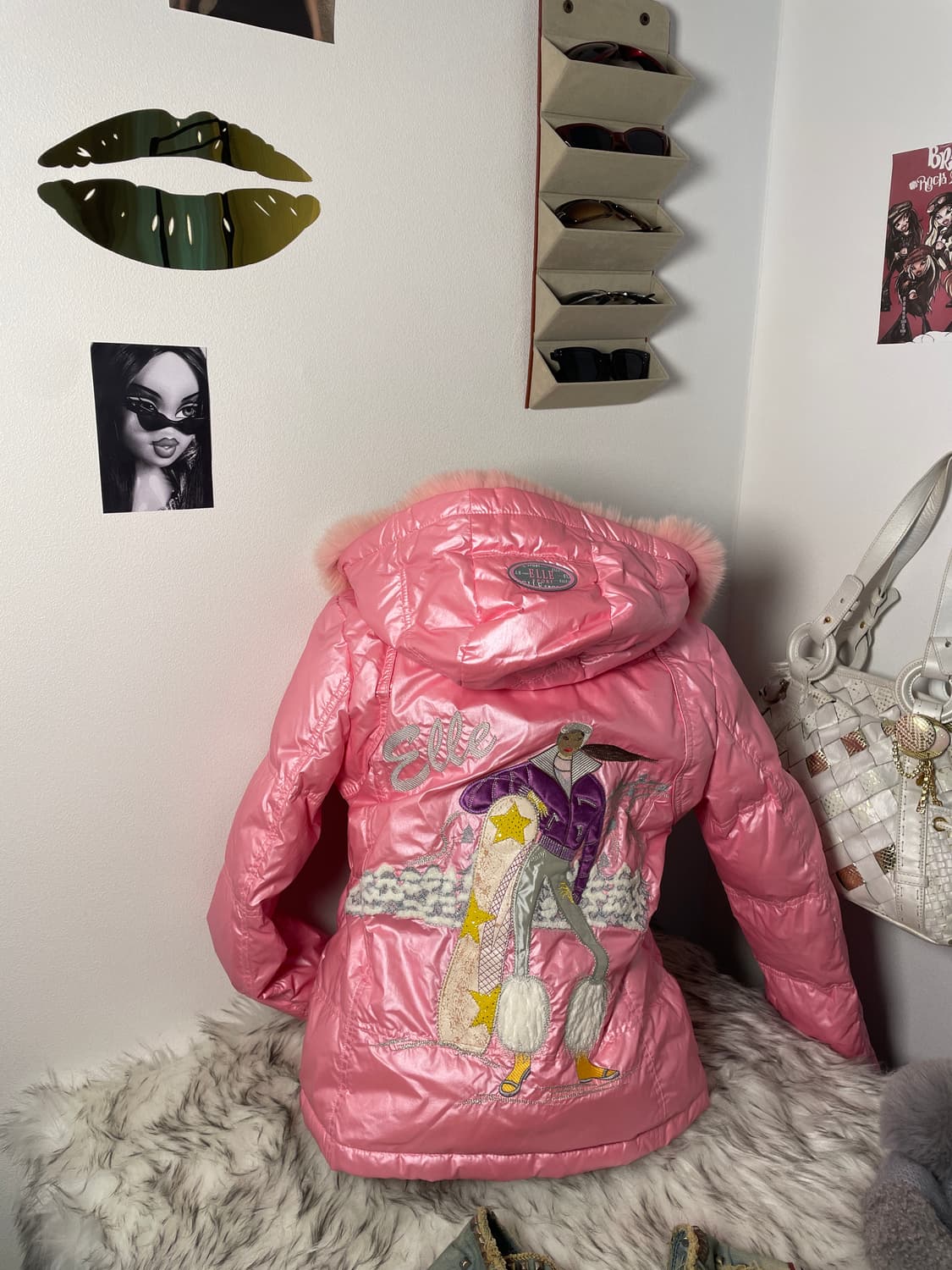 빈티지 엘르 핑크 글로시 퍼 패딩 상품이미지5