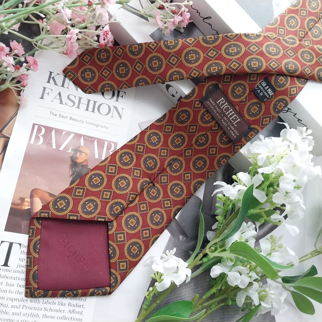 리첼 실크 와인 브라운 패턴 넥타이 8.9cm A+등급 K2460 상품이미지5