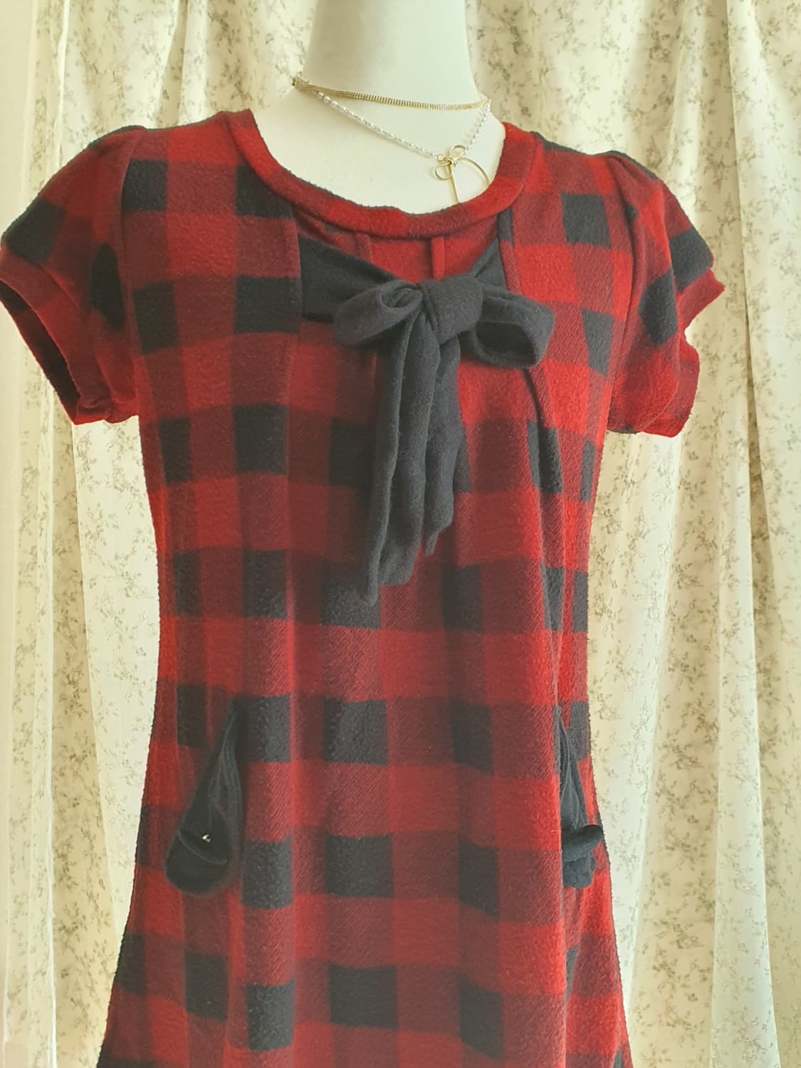 [모리걸] 레드 체크 리본 반팔 원피스 상품이미지5