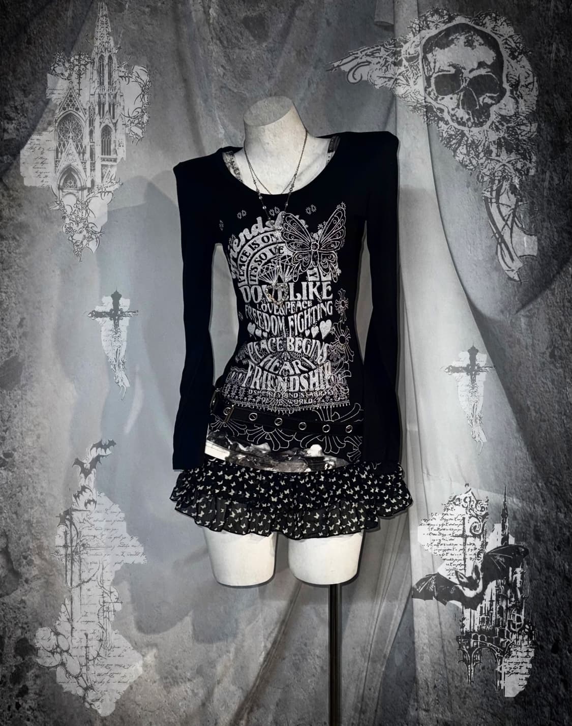 (5pcs) MKR엠케이알 데일리펑크 나비자수 오리엔탈 무채색 코디세트  상품이미지1