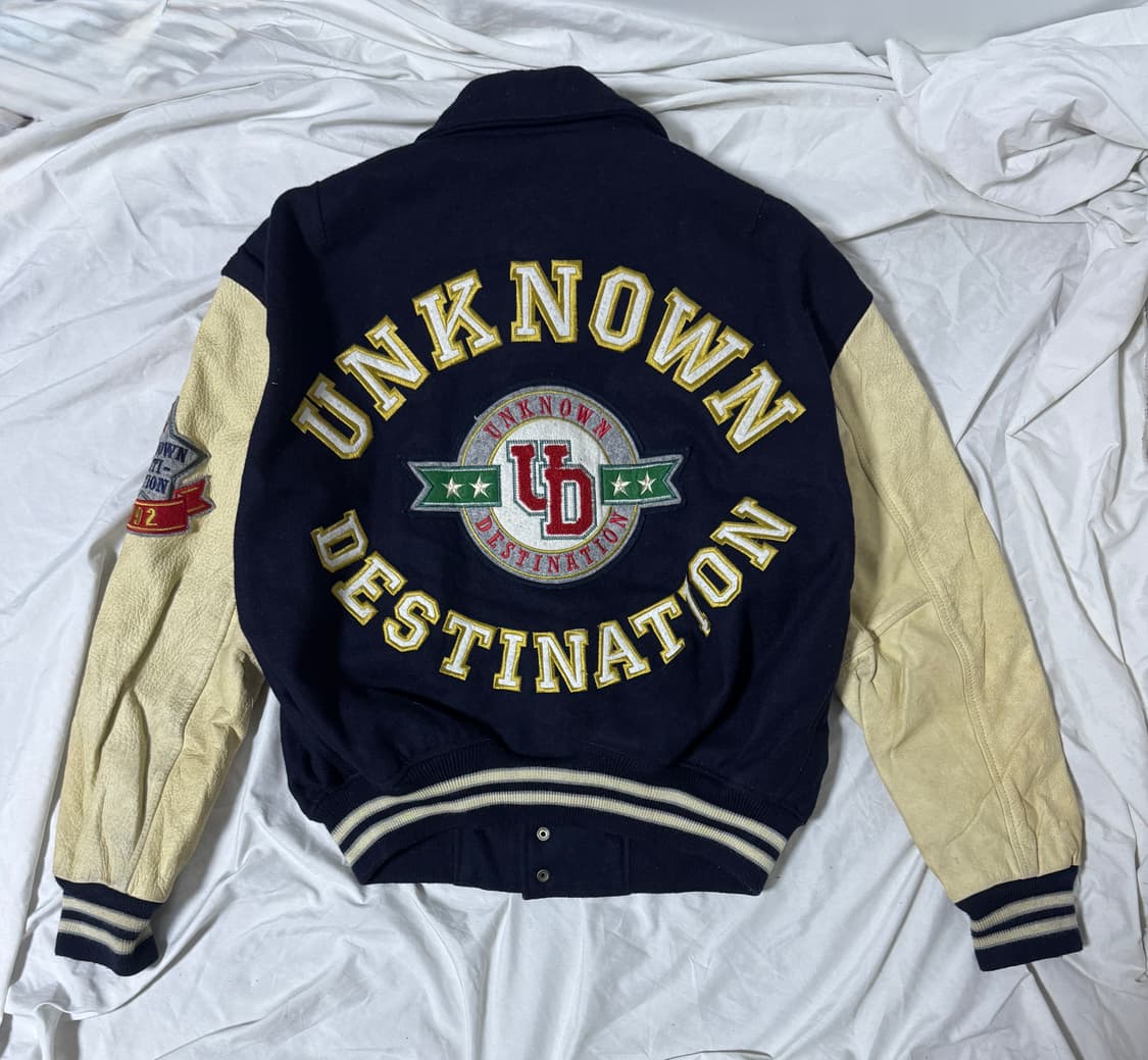 빈티지 울 카우레더 바시티 자켓 unknown destination 상품이미지1