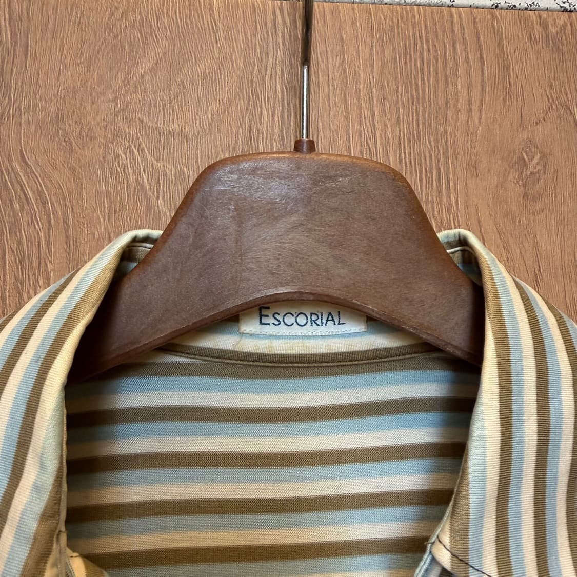 빈티지 코튼 크롭 셔츠 배색 스트라이프 패턴 디테일 브라운 블루 상품이미지5