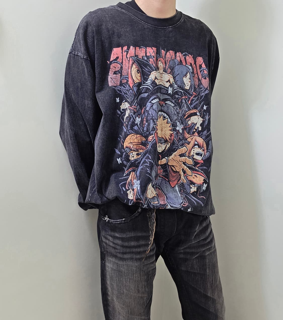 LIANGXILIN 블랙 원워싱 프린트 롱 슬리브 티셔츠 상품이미지1