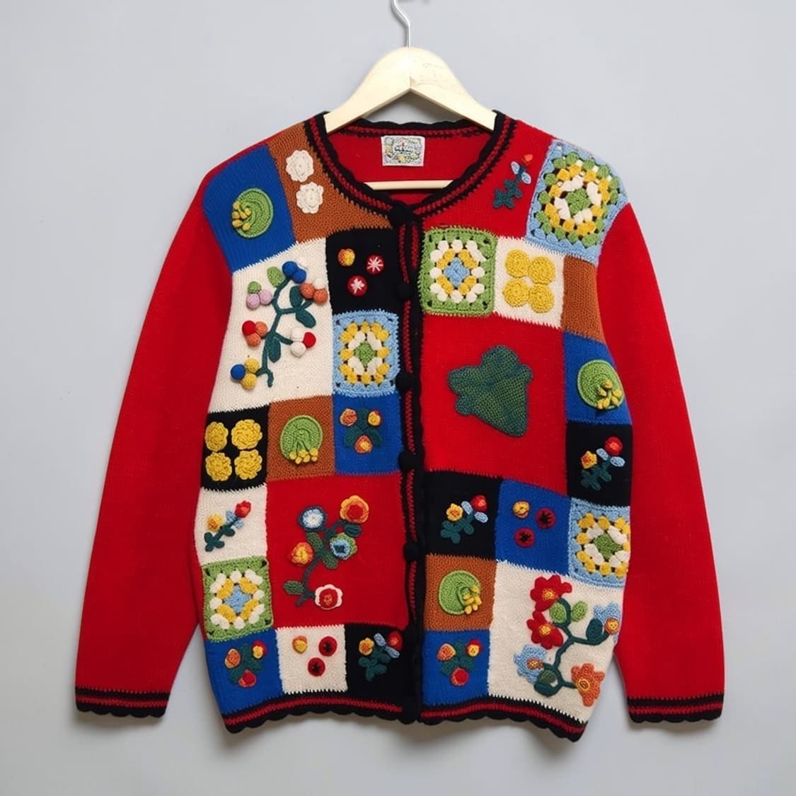 여성M 레드 패치워크 울 니트 가디건 상품이미지1