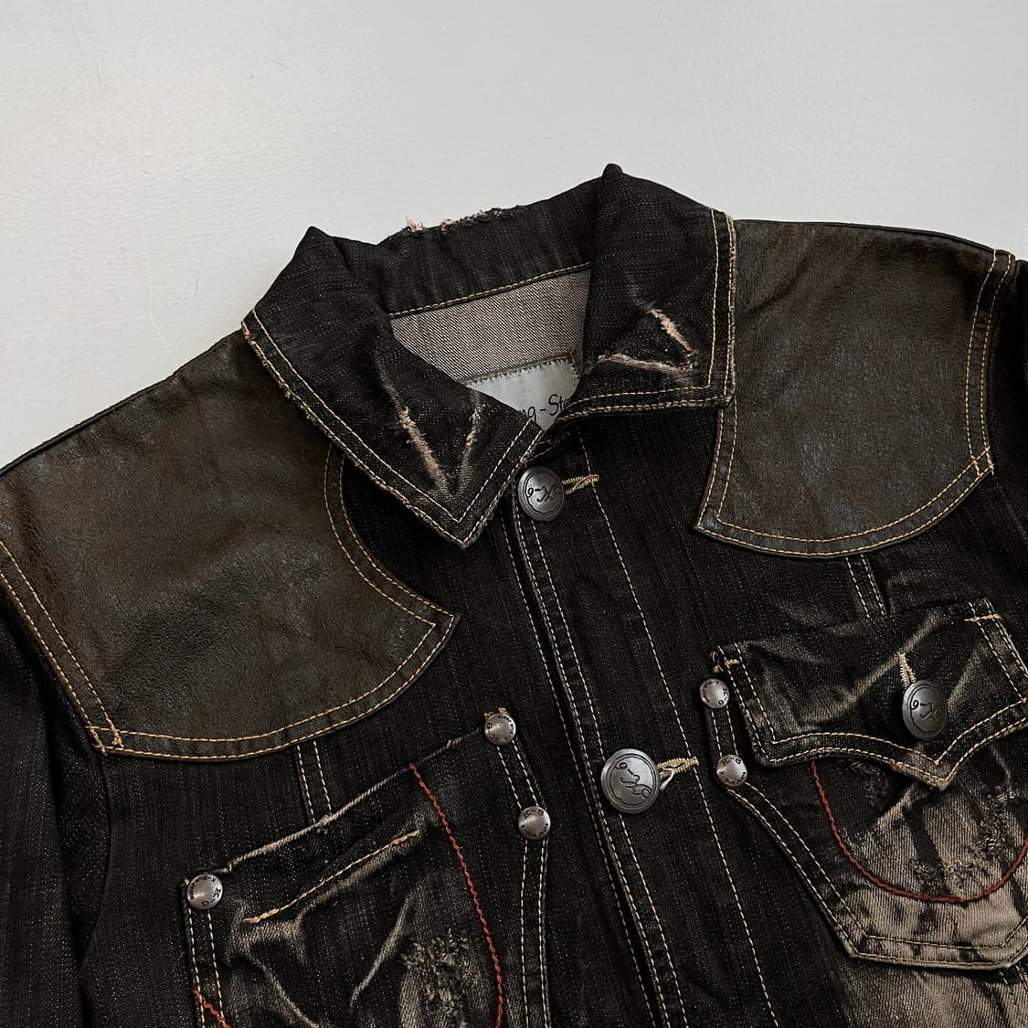 웨스턴 흑청 워싱 빈티지 가죽도킹 그런지 데님자켓 상품이미지4