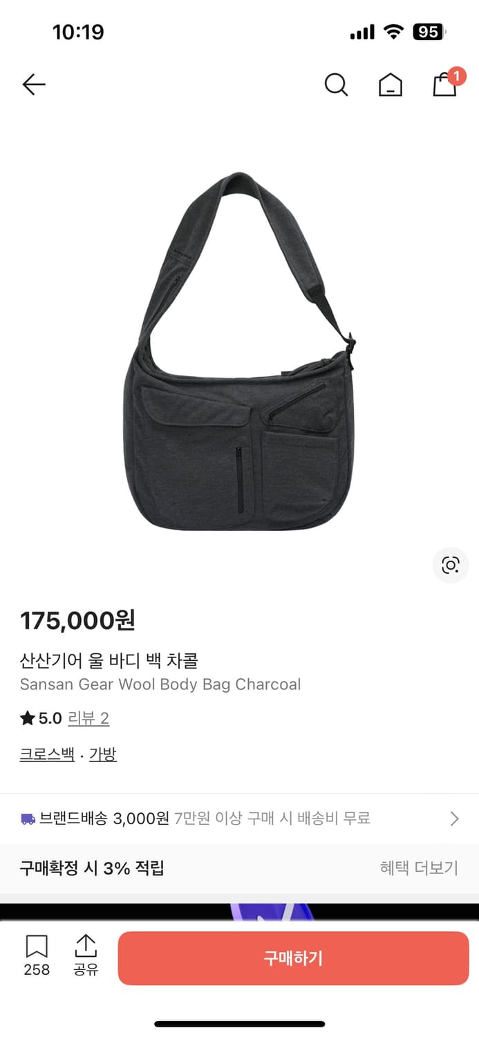 산산기어 울 바디 백 차콜 크로스백 상품이미지2