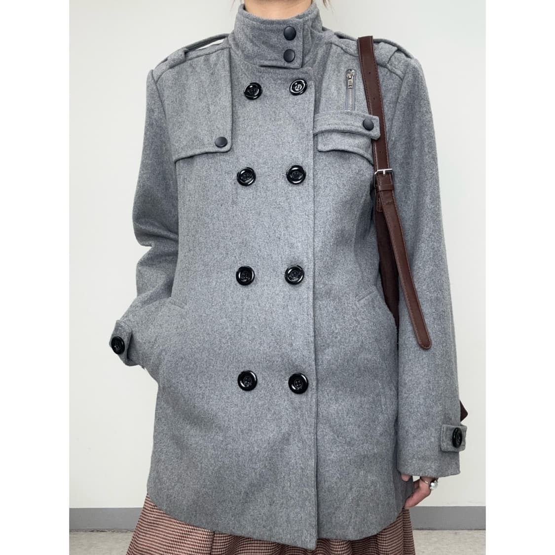 빈티지 그레이 하이넥 더블 코트 상품이미지1