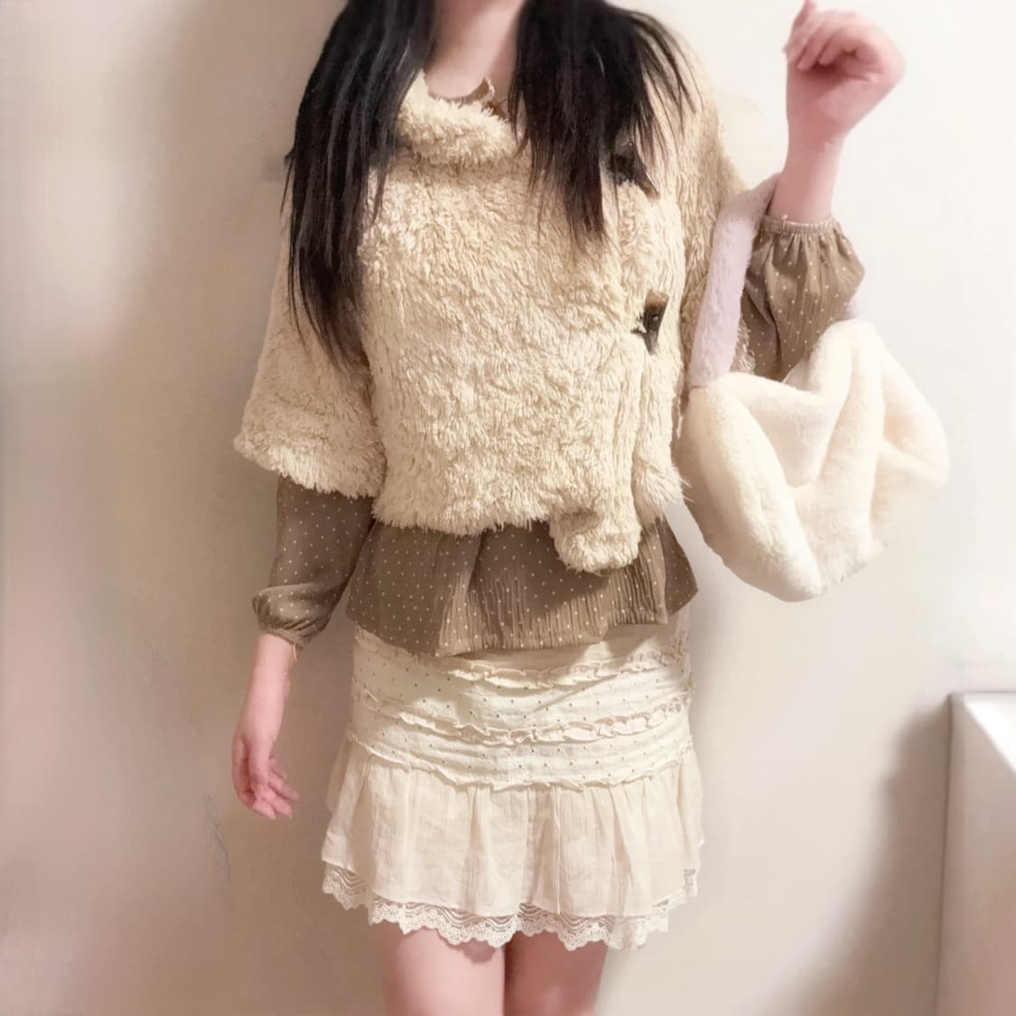 라떼갸루 핀터깔 초코맛 케이프 퍼 떡코 캉캉 스커트 도트 패턴 코디세트  상품이미지1