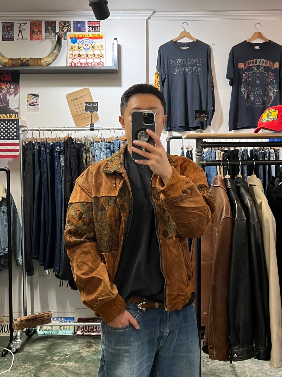 90's [XL] 빈티지 웨스턴 가죽 스웨이드 자켓 아즈텍 자카드 봄버 상품이미지3