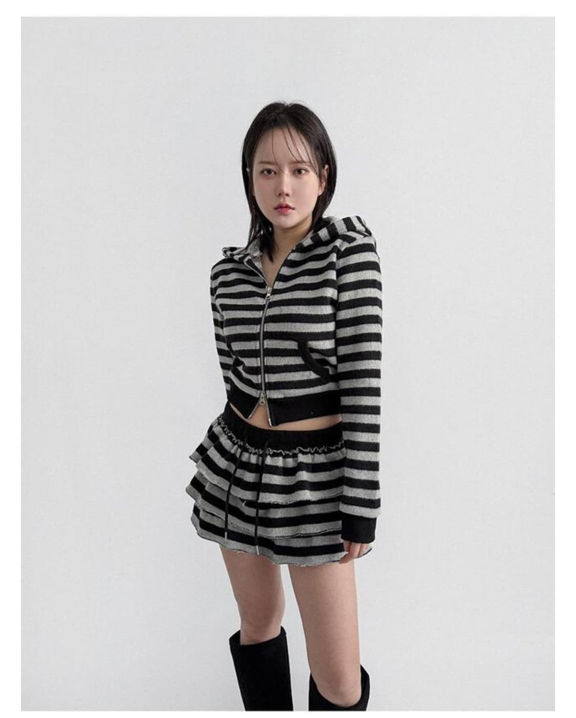 스트라이프 캉캉 치마바지 후드집업 셋업 상품이미지2