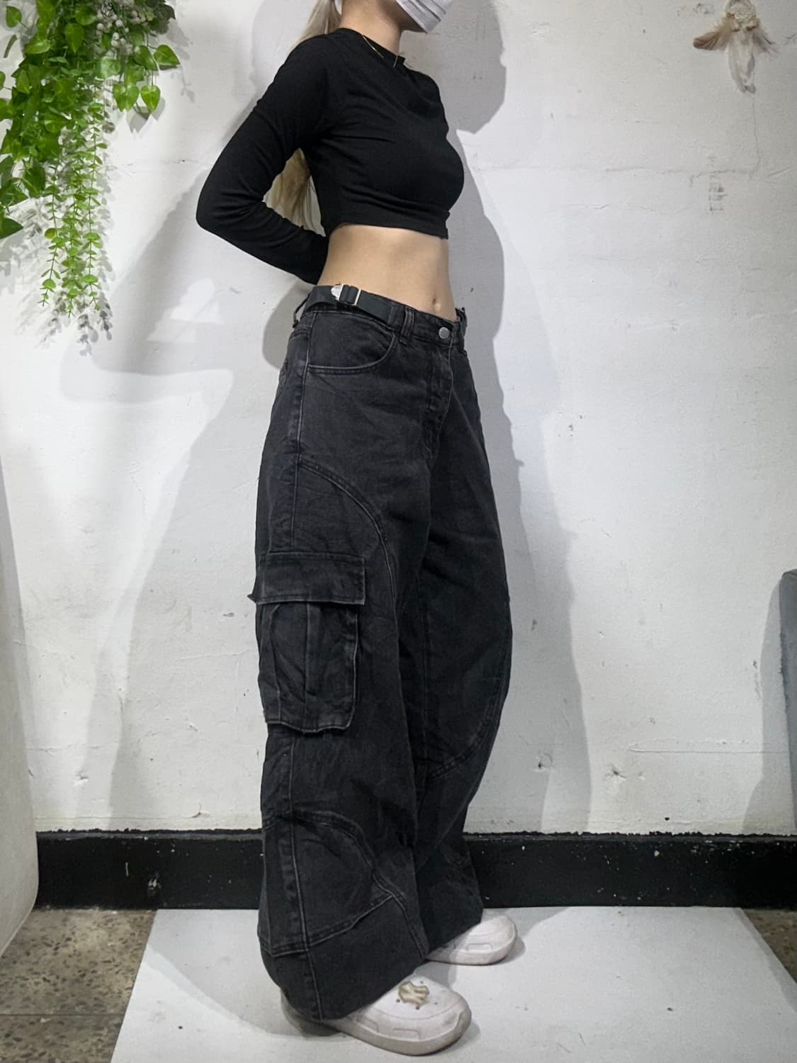 빈티지 빅 포켓 와이드 흑청 카고 바지 스트릿 힙합 팬츠 S 상품이미지1