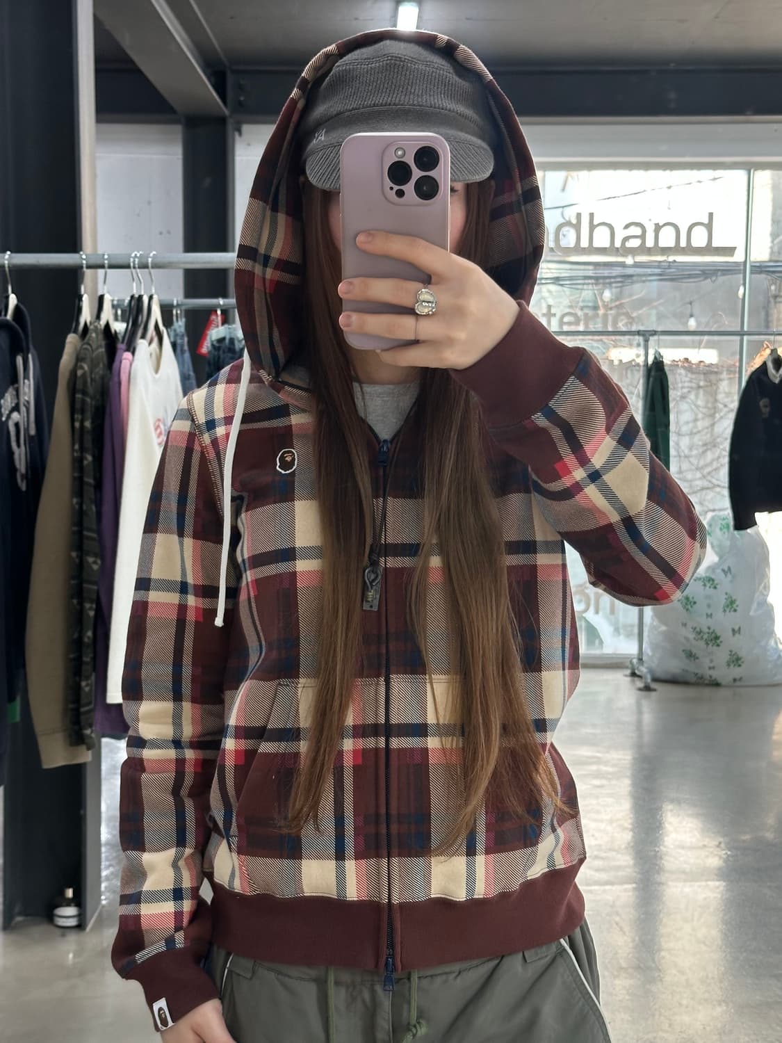 베이프 자수사루 브라운체크 후드집업 데드스탁 상품이미지4