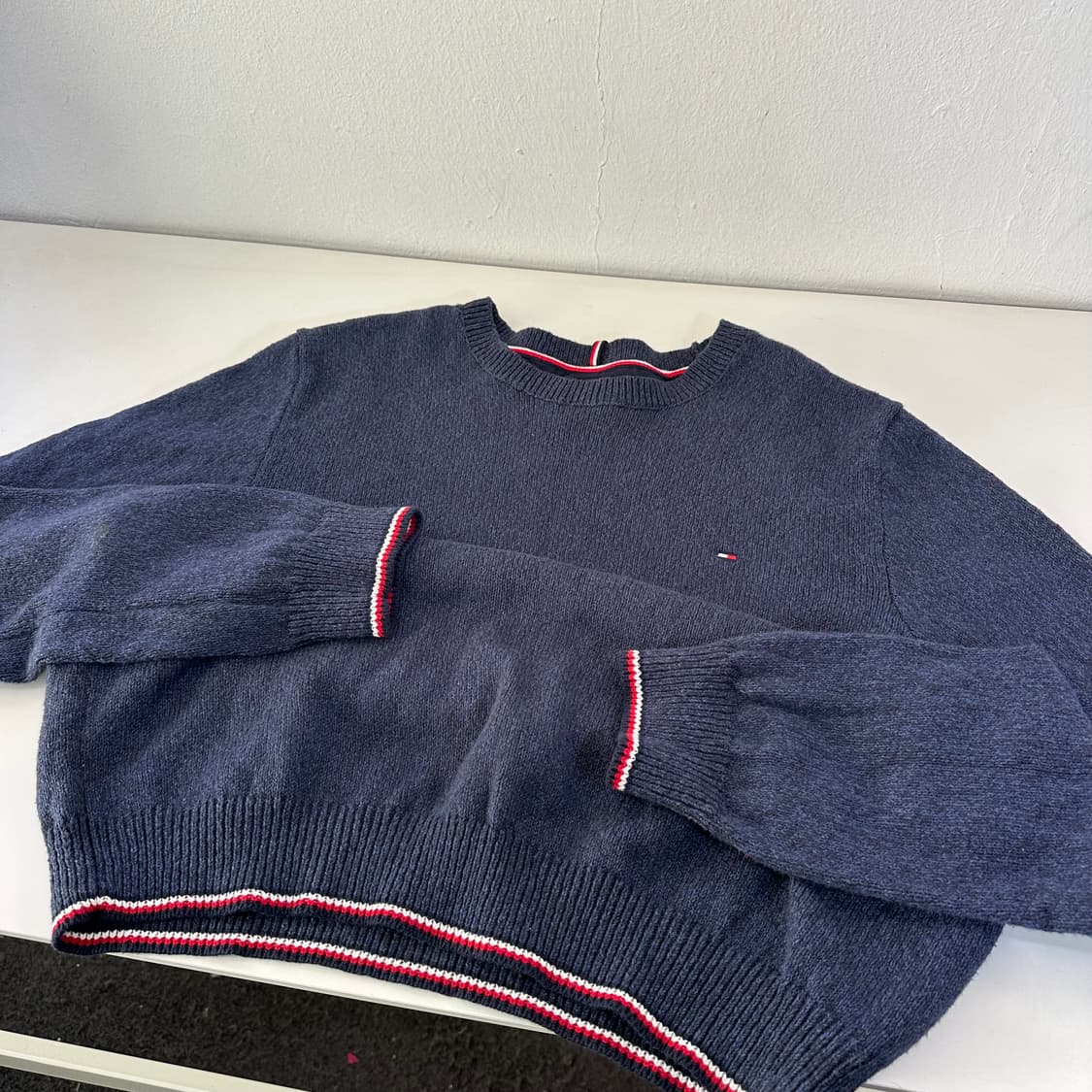 XXL 타미힐피거 나염네이비 루즈핏 라운드 면니트 상품이미지2