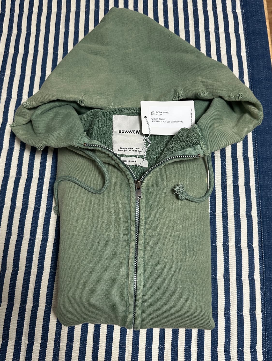 BOWWOW 바우와우 후드 집업 그린 에이징 XL사이즈 판매합니다 상품이미지5